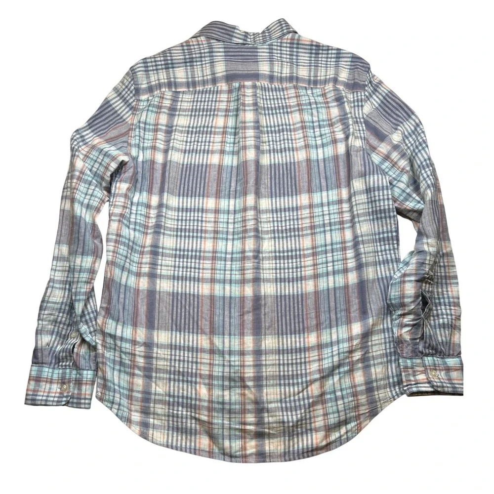 GAP Mens Linen Blend Plaid Button Down Shirt Blue Grey Orange Size M Long Sleeve
